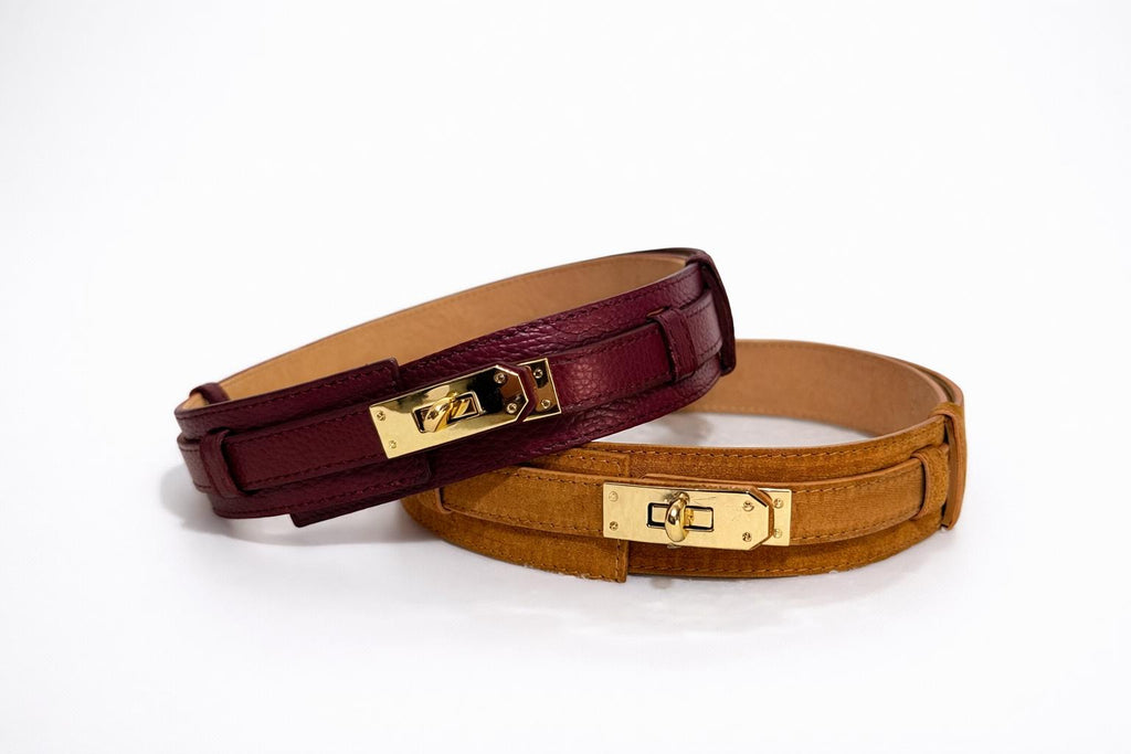 Ceinture large cuir bordeaux fermoir doré signature