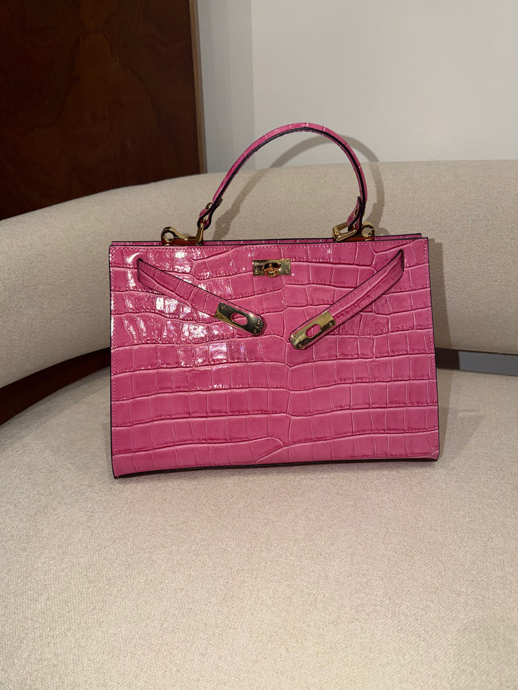 Sac à main croco rose cuir véritable 35 cm
