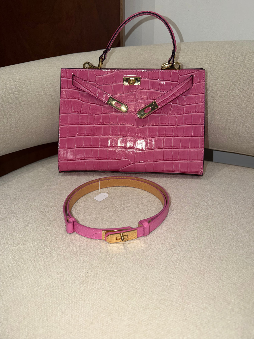 Sac à main croco rose cuir véritable 35 cm