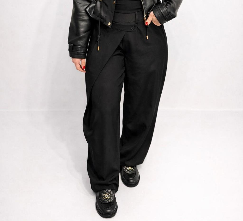 Pantalon ceinture croisé marron femme