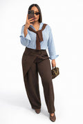 Pantalon ceinture croisé marron femme
