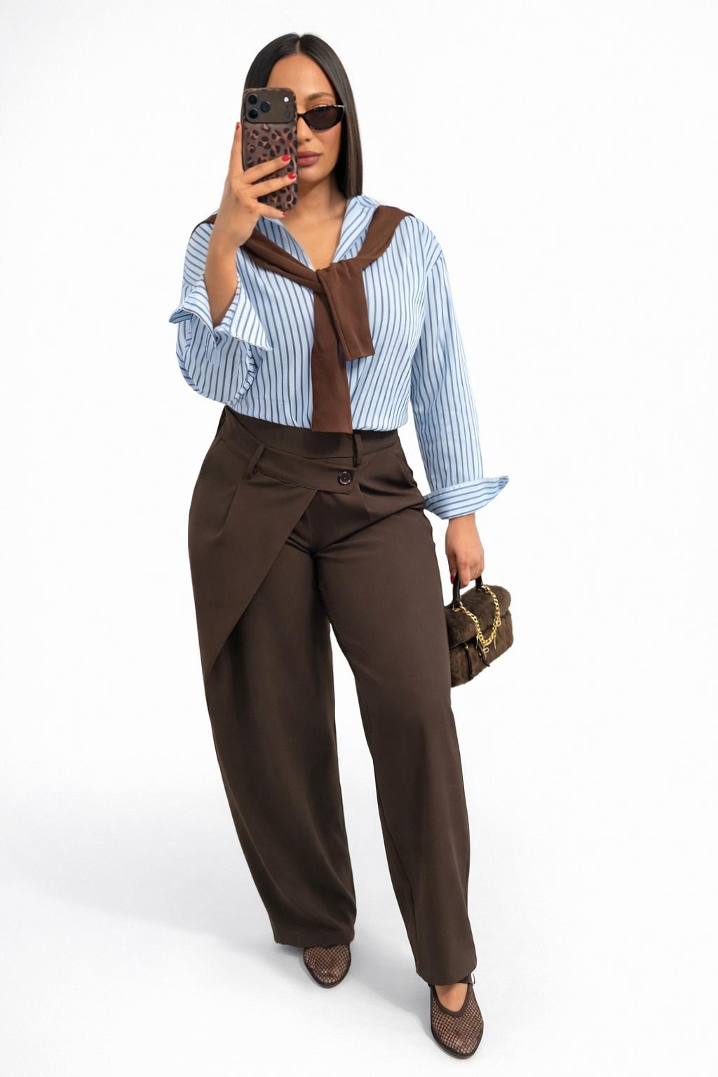 Pantalon ceinture croisé marron femme