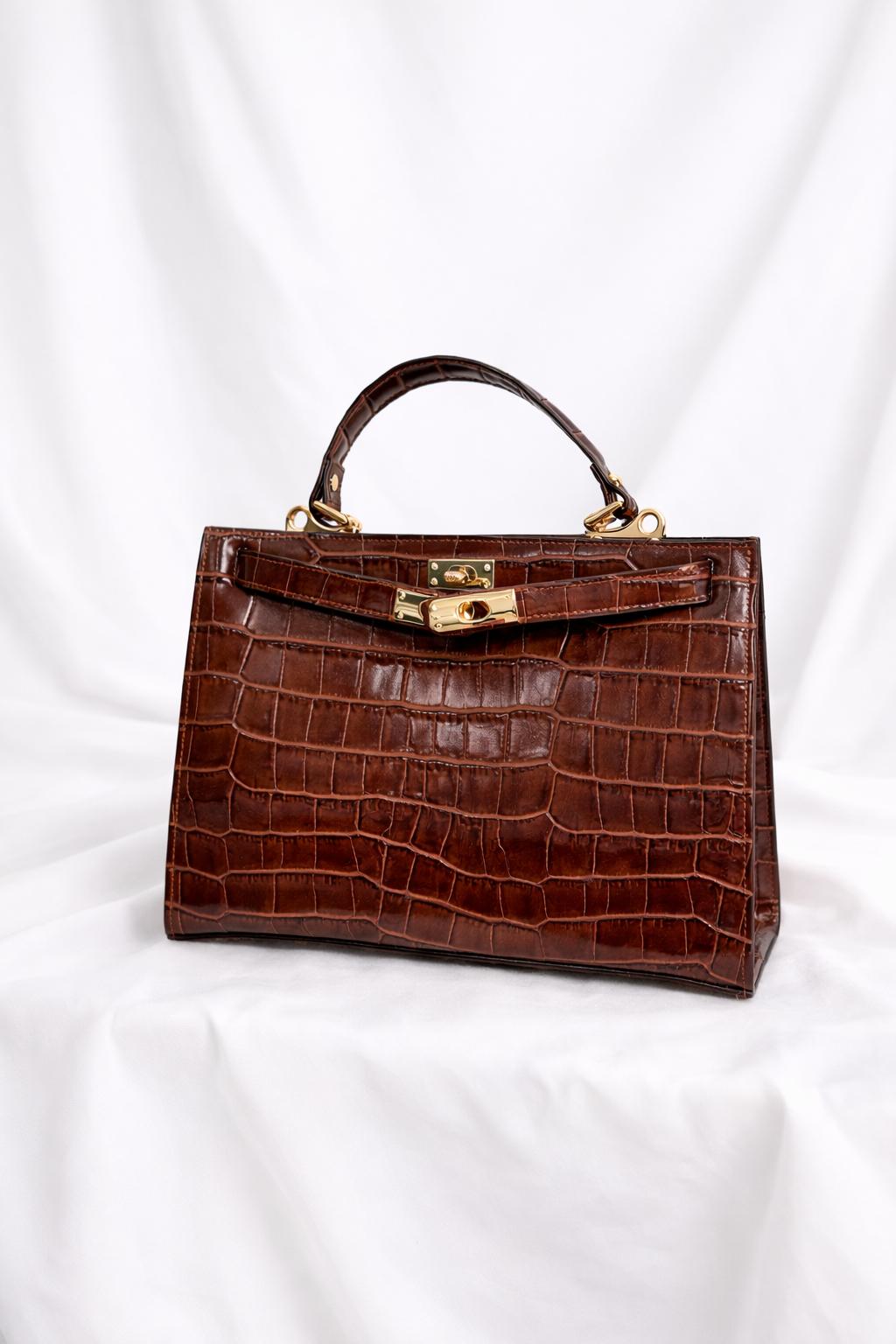 Sac à main croco marron cuir véritable 35 cm