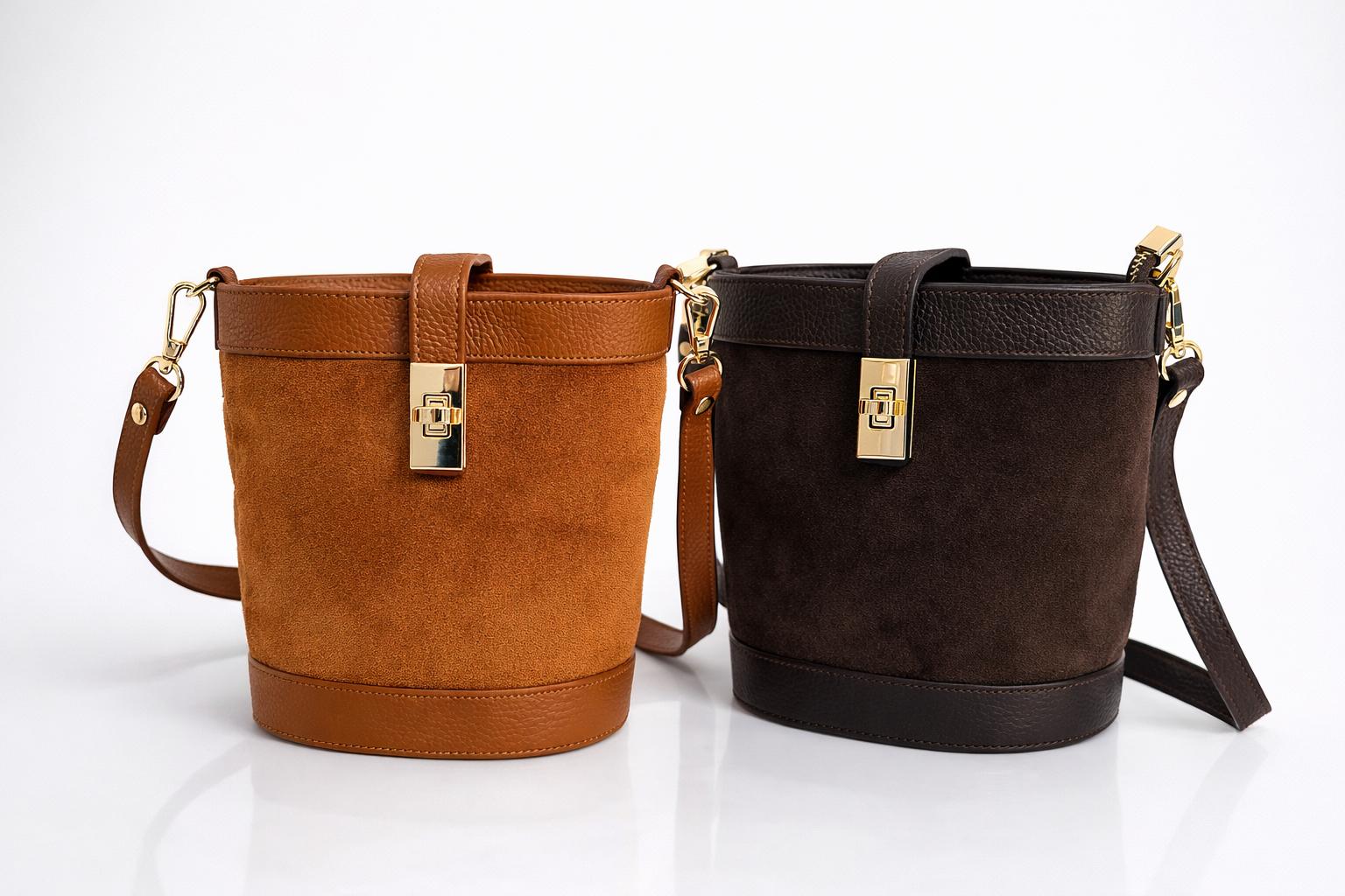 Sac seau cuir véritable camel bandoulière femme
